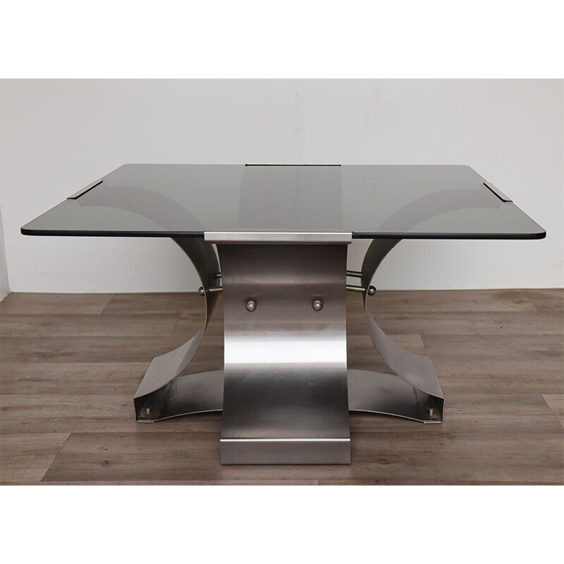 Vintage coffee table in brushed steel and glass by François Monnet, 1970