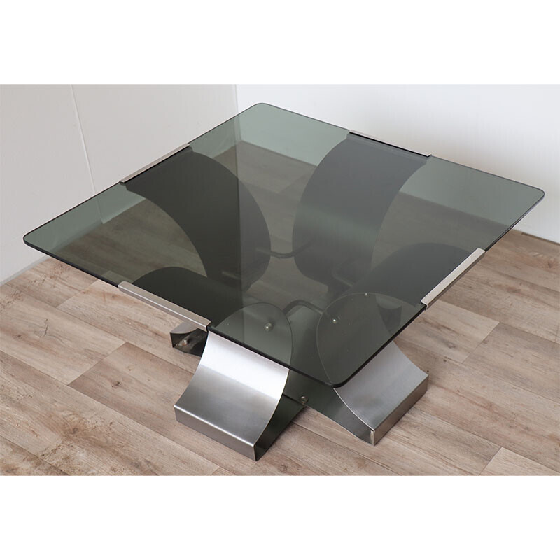 Vintage coffee table in brushed steel and glass by François Monnet, 1970