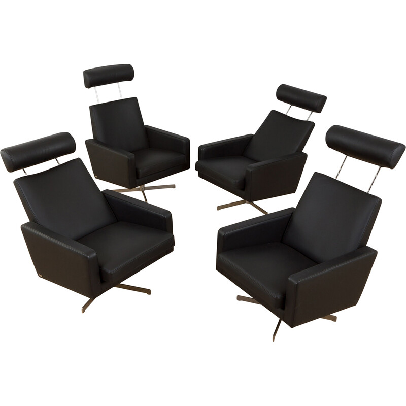 Set of 4 Skipper Danish mid century recliner black leather armchairs, 1980s