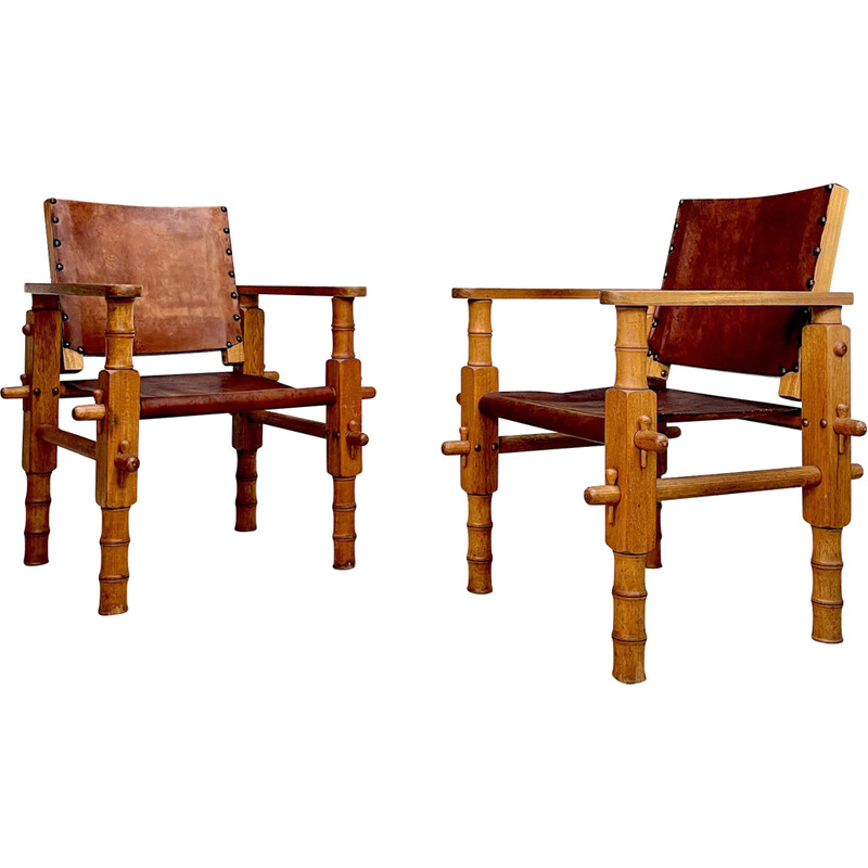 Paire de fauteuils safari - cuir bois