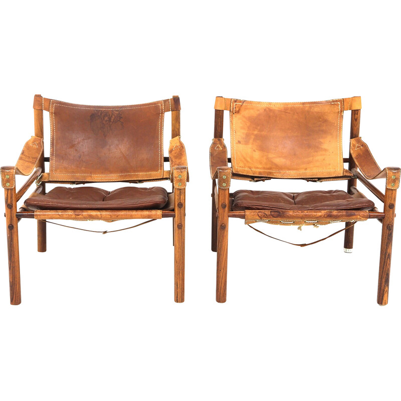 Pareja de sillones vintage "Sirocco" en madera de palisandro y cuero de Arne Norell, Suecia 1960