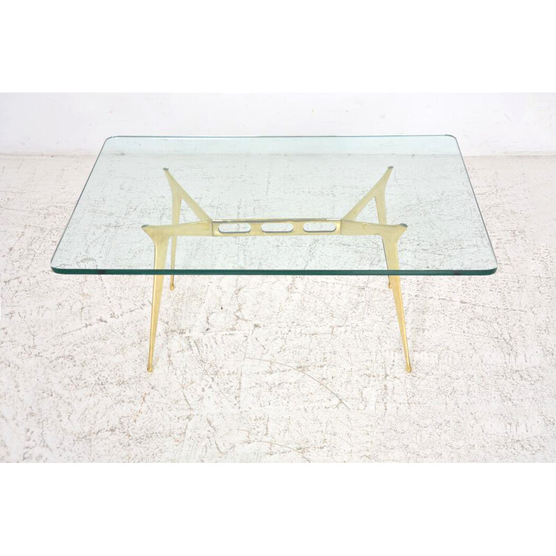 Mesa de centro vintage de latón y cristal de Cesare Lacca, Italia 1950