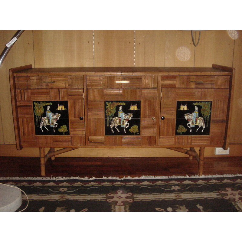 Vintage wood and earthenware sideboard by Audoux and Minet, 1950s