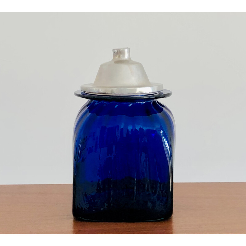 Set di 3 vasi da farmacia vintage in vetro soffiato blu cobalto con coperchi,  Italia