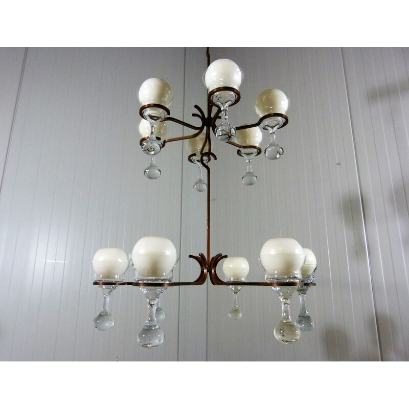 Vintage steel pendant candelabra with 12 glass candle holders, 1970s