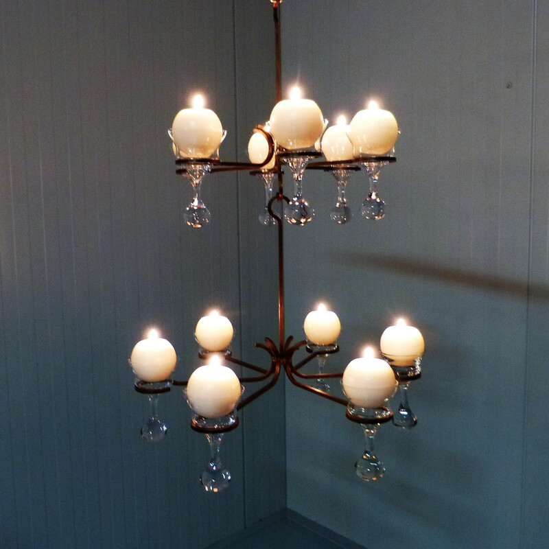 Vintage steel pendant candelabra with 12 glass candle holders, 1970s