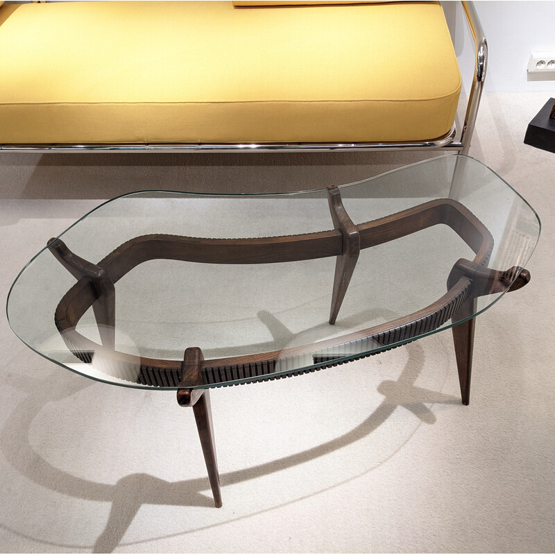 Vintage coffee table in glass and wood, Italy 1950
