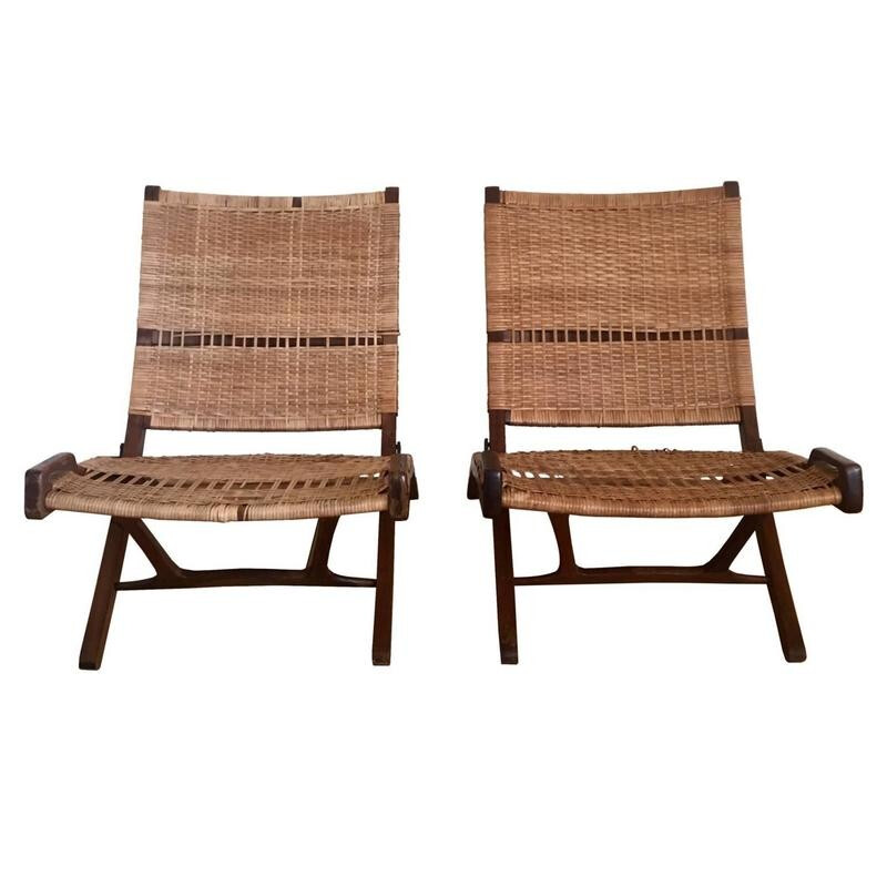 Vintage pair of brown Danish teak and rattan foldable chair,1960