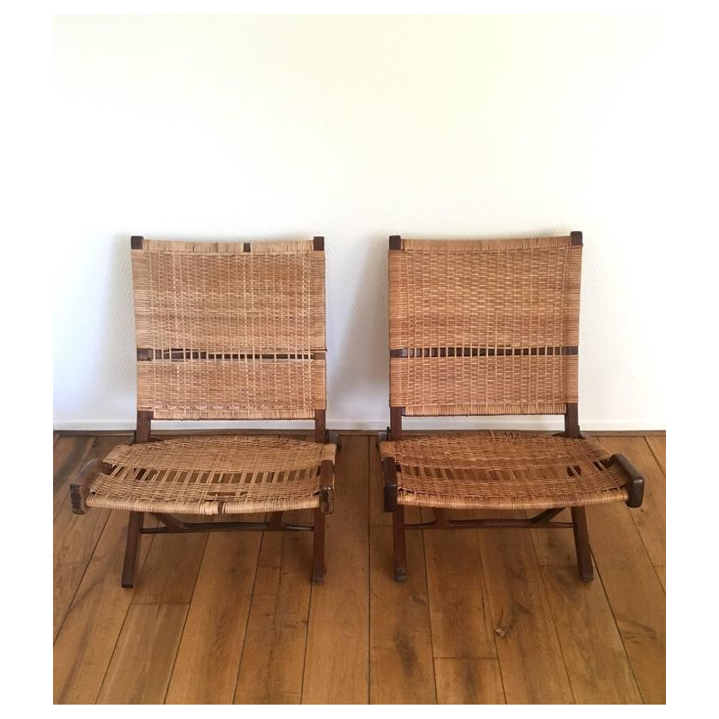 Vintage pair of brown Danish teak and rattan foldable chair,1960