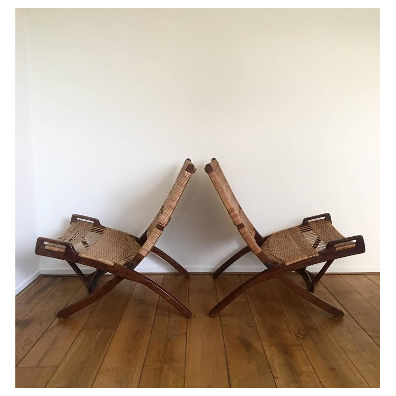 Vintage pair of brown Danish teak and rattan foldable chair,1960