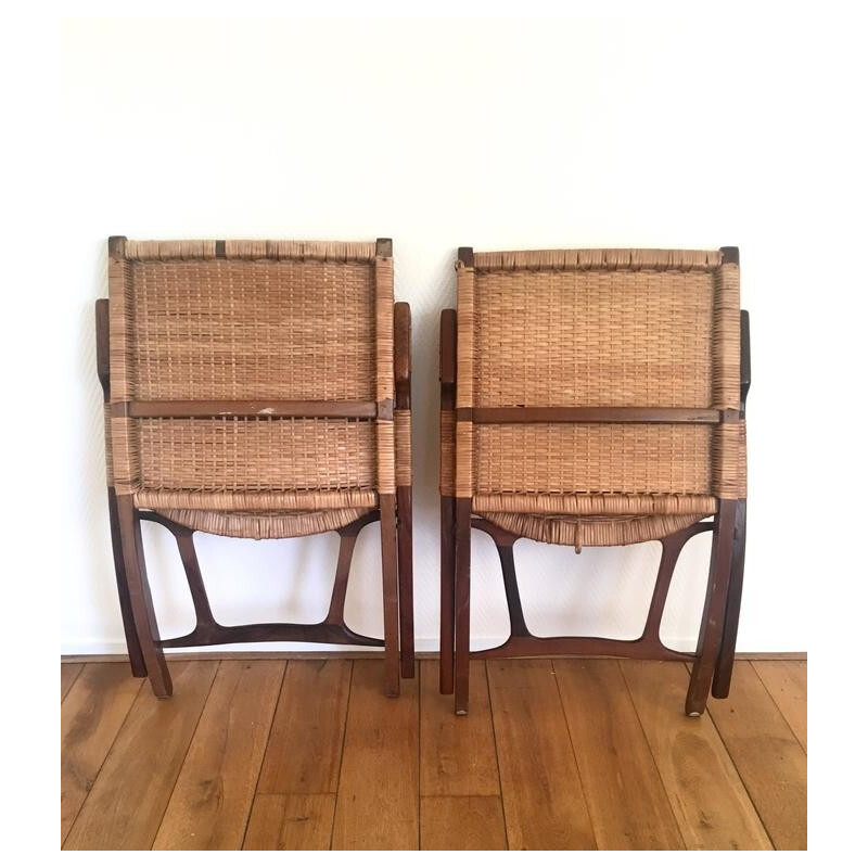 Vintage pair of brown Danish teak and rattan foldable chair,1960