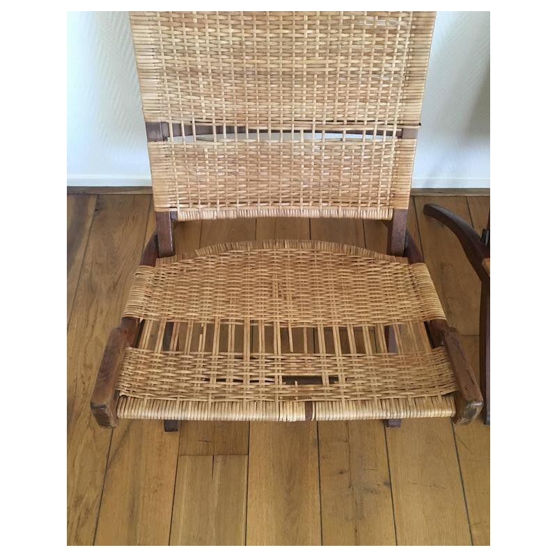 Vintage pair of brown Danish teak and rattan foldable chair,1960