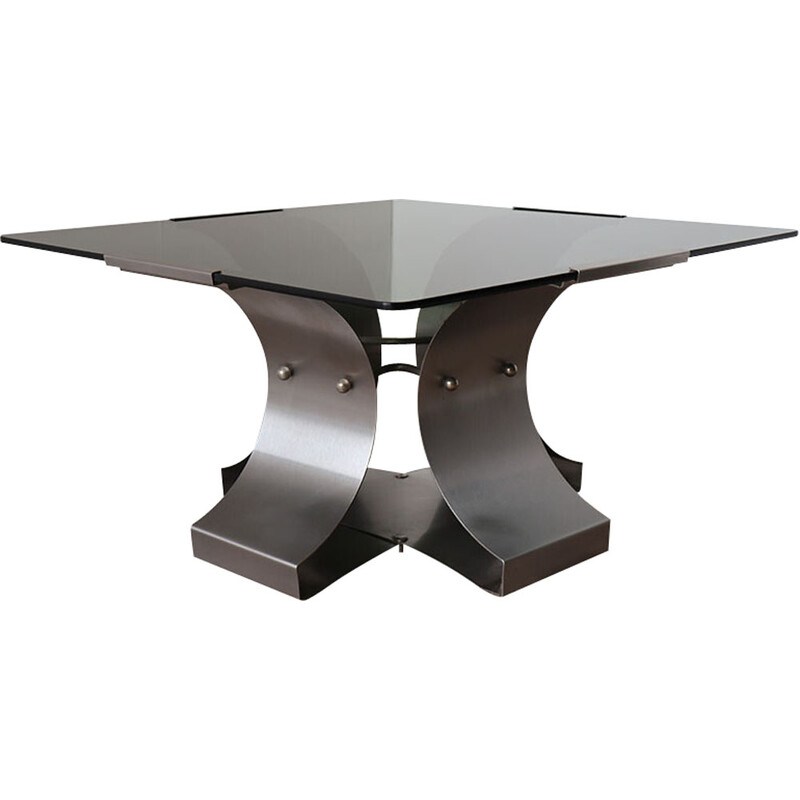 Vintage coffee table in brushed steel and glass by François Monnet, 1970