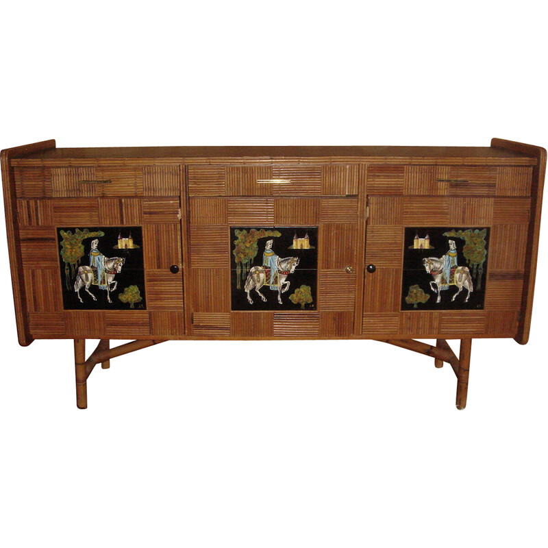 Vintage wood and earthenware sideboard by Audoux and Minet, 1950s