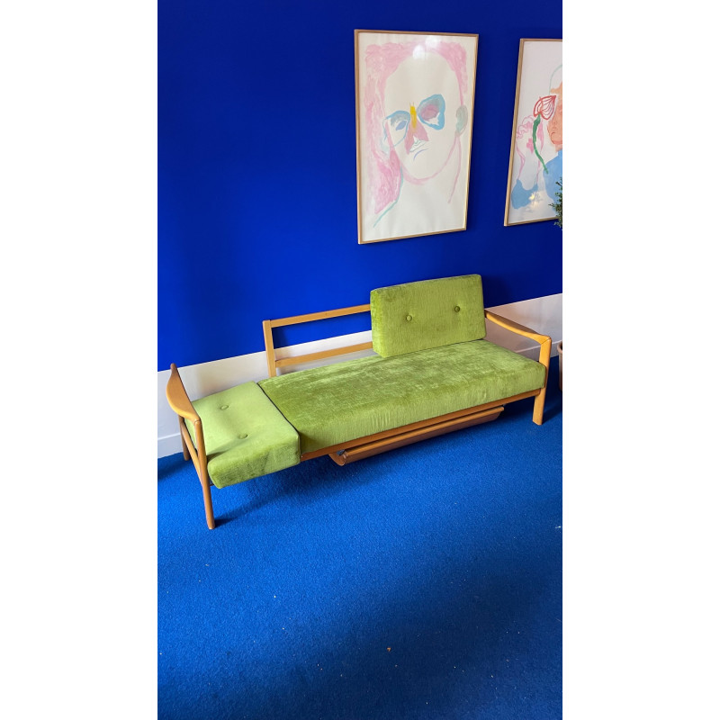 Lit de repos vintage en bois et tissu, 1960