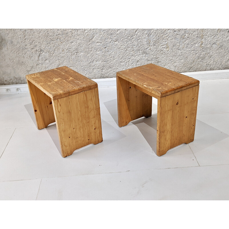 Pair of vintage pine stools "les Arcs" model by Charlotte Perriand, 1960