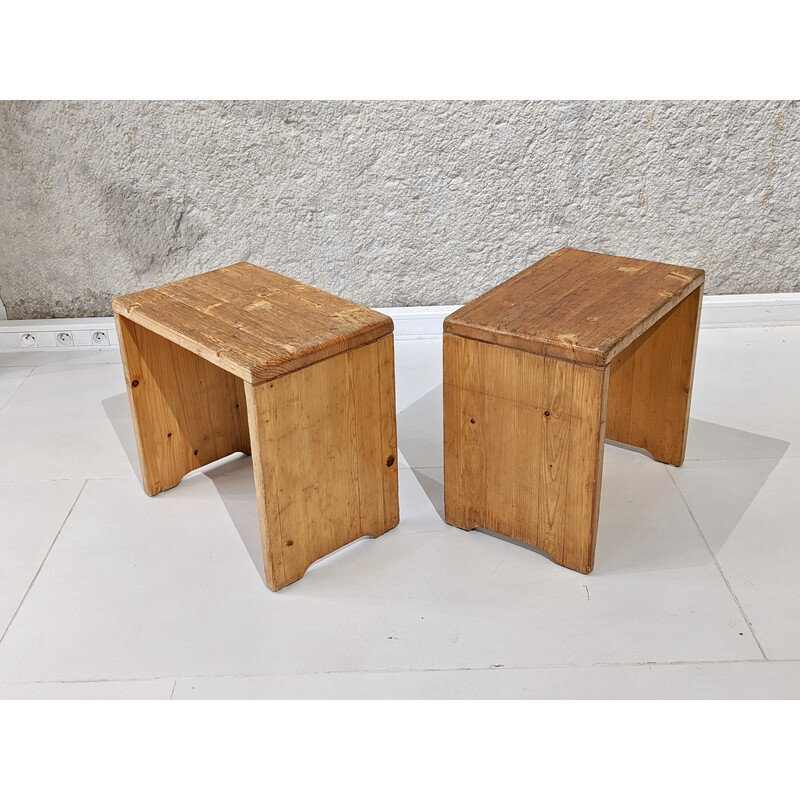 Pair of vintage pine stools "les Arcs" model by Charlotte Perriand, 1960