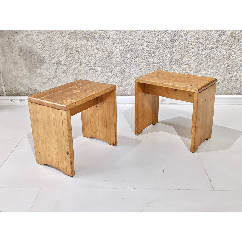 Pair of vintage pine stools "les Arcs" model by Charlotte Perriand, 1960