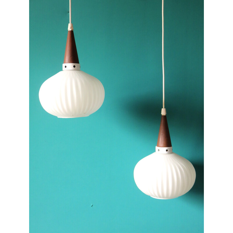 Vintage opaline and teak pendant lamp by Louis Kalff for Philips, Holland 1960