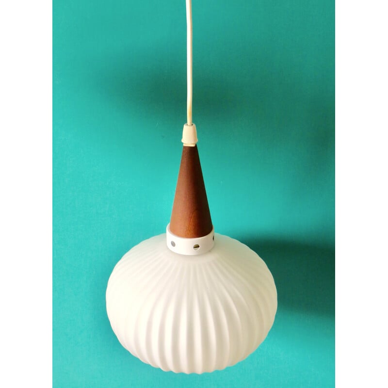 Vintage opaline and teak pendant lamp by Louis Kalff for Philips, Holland 1960