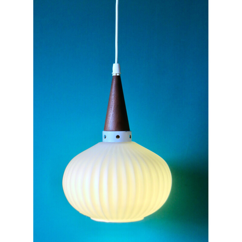 Vintage opaline and teak pendant lamp by Louis Kalff for Philips, Holland 1960