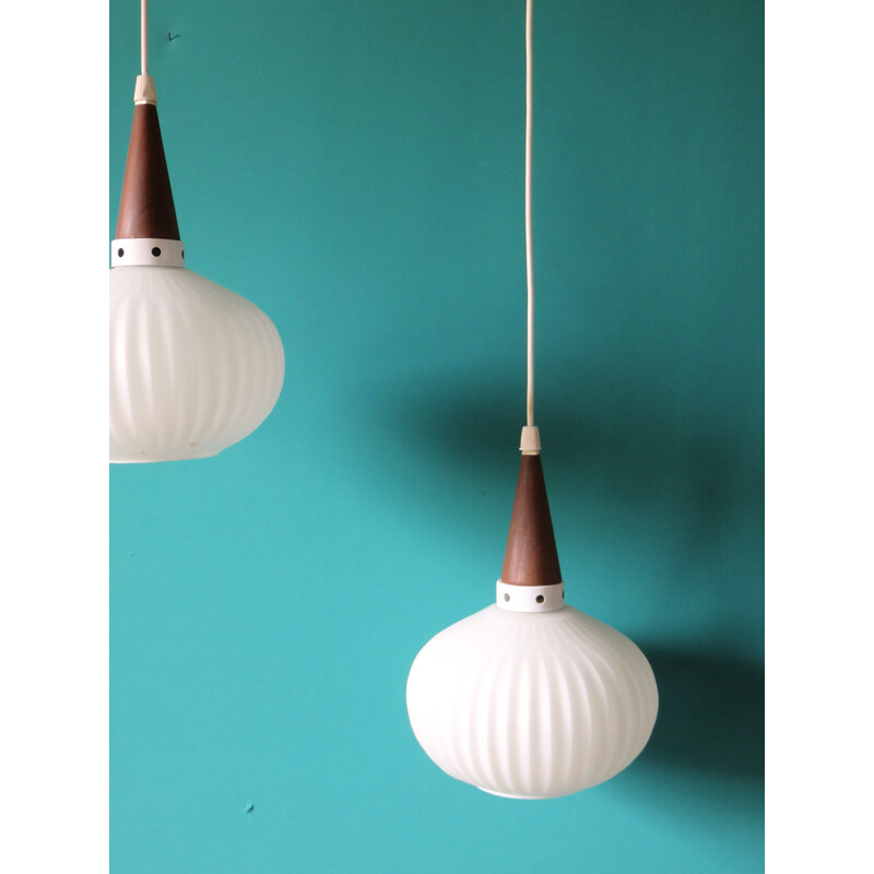 Vintage opaline and teak pendant lamp by Louis Kalff for Philips, Holland 1960