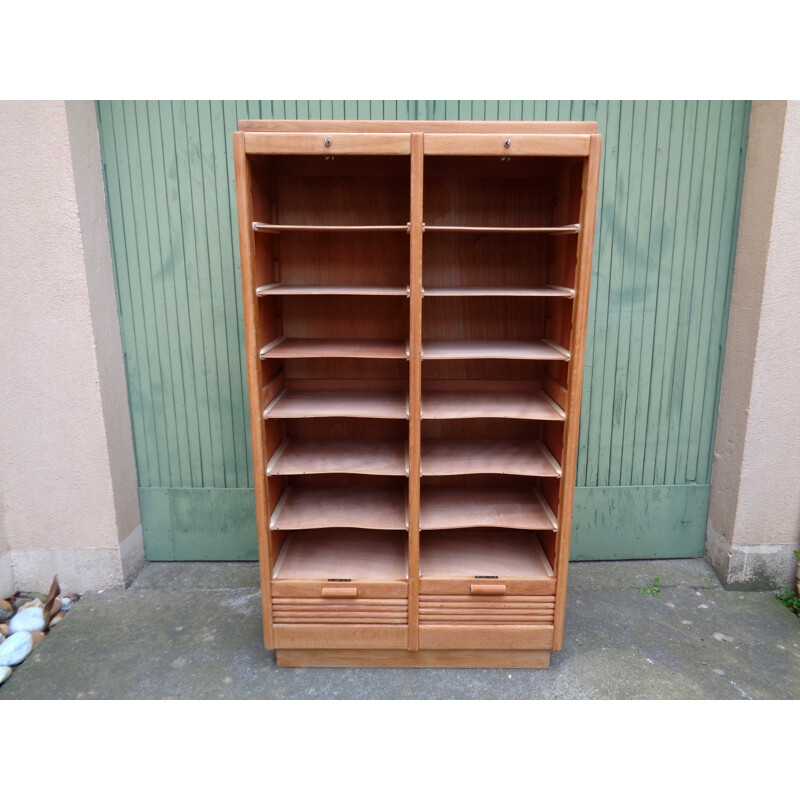 Light oakwood filing cabinet with double curtains - 1950s