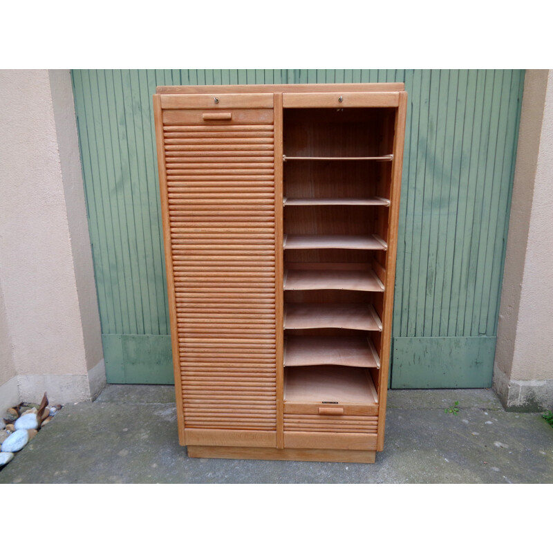 Light oakwood filing cabinet with double curtains - 1950s