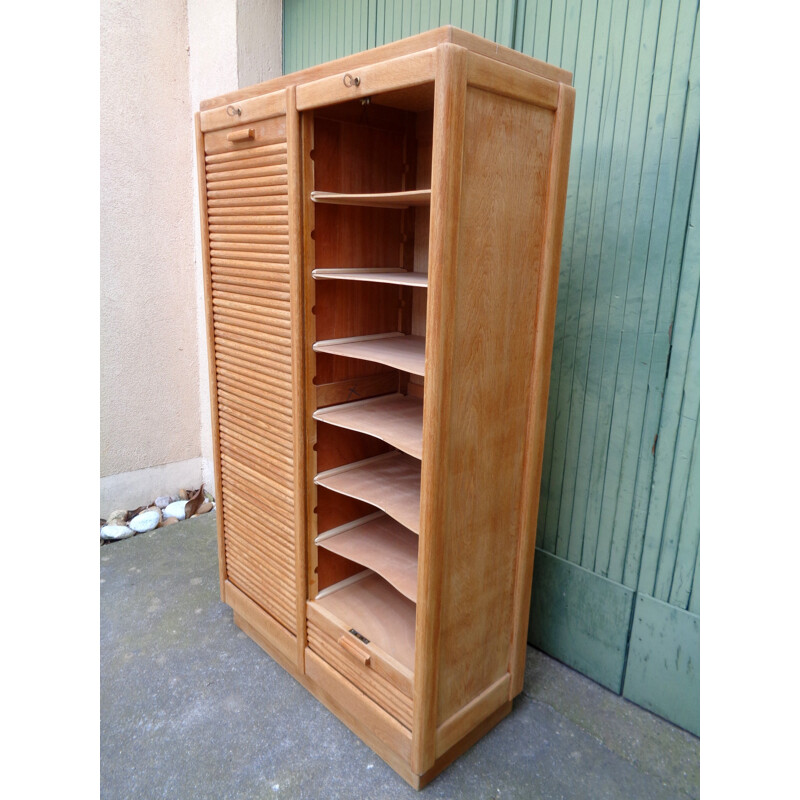 Light oakwood filing cabinet with double curtains - 1950s