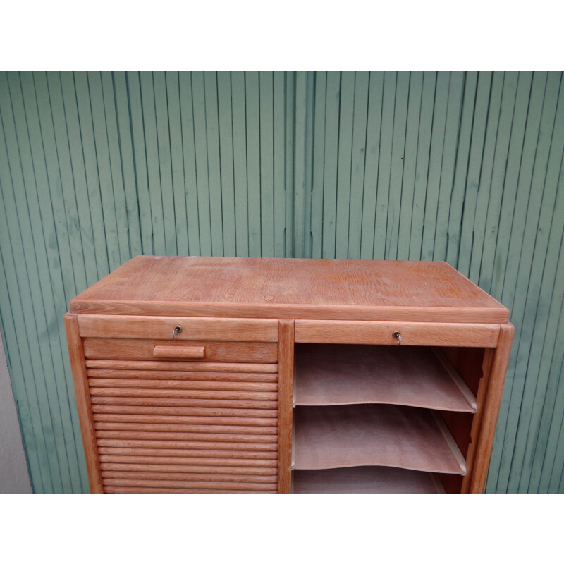 Light oakwood filing cabinet with double curtains - 1950s