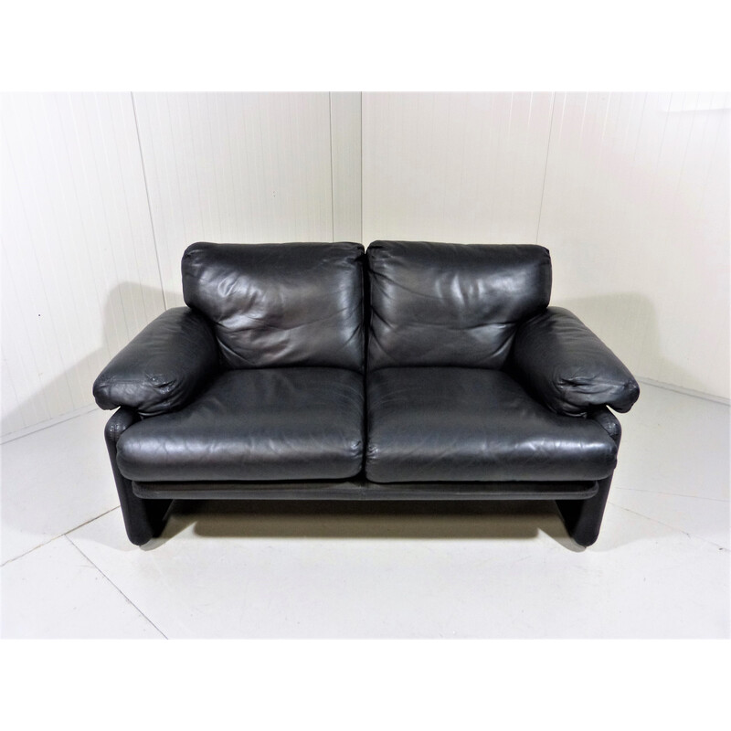 Vintage black leather two seats sofa by Tobia Scarpa for B and B, Italy 1960
