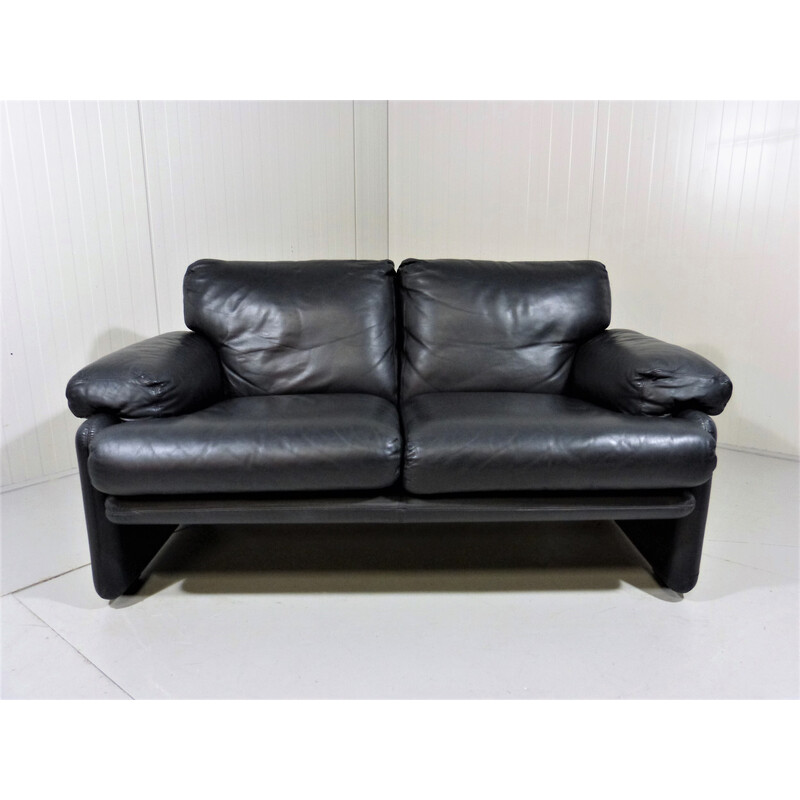 Vintage black leather two seats sofa by Tobia Scarpa for B and B, Italy 1960