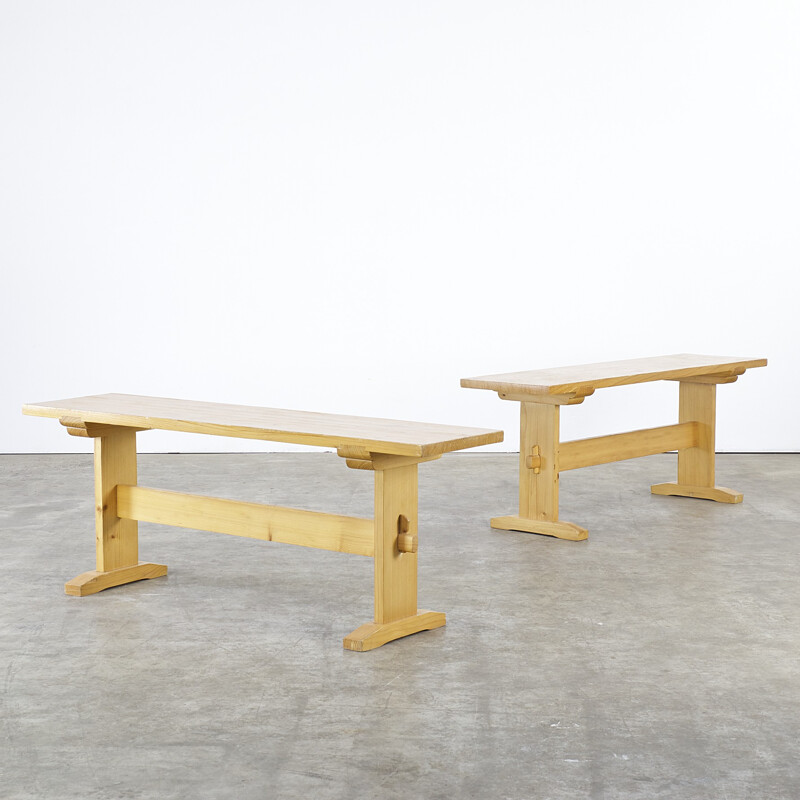Set of 2 pine wooden benches - 1970s