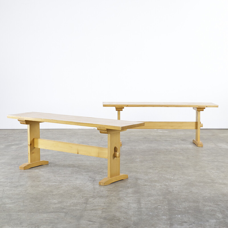 Set of 2 pine wooden benches - 1970s