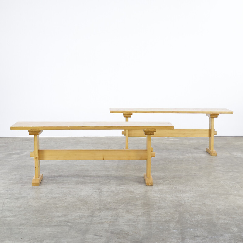 Set of 2 pine wooden benches - 1970s