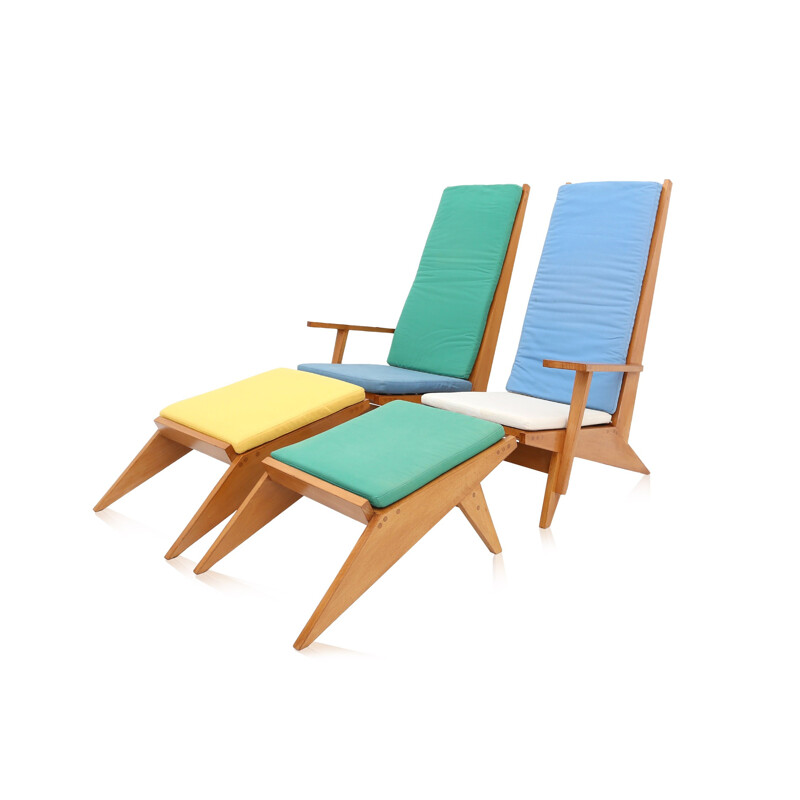 Pair of two swimming-pool lounge chairs and two ottomans in beech - 1970s