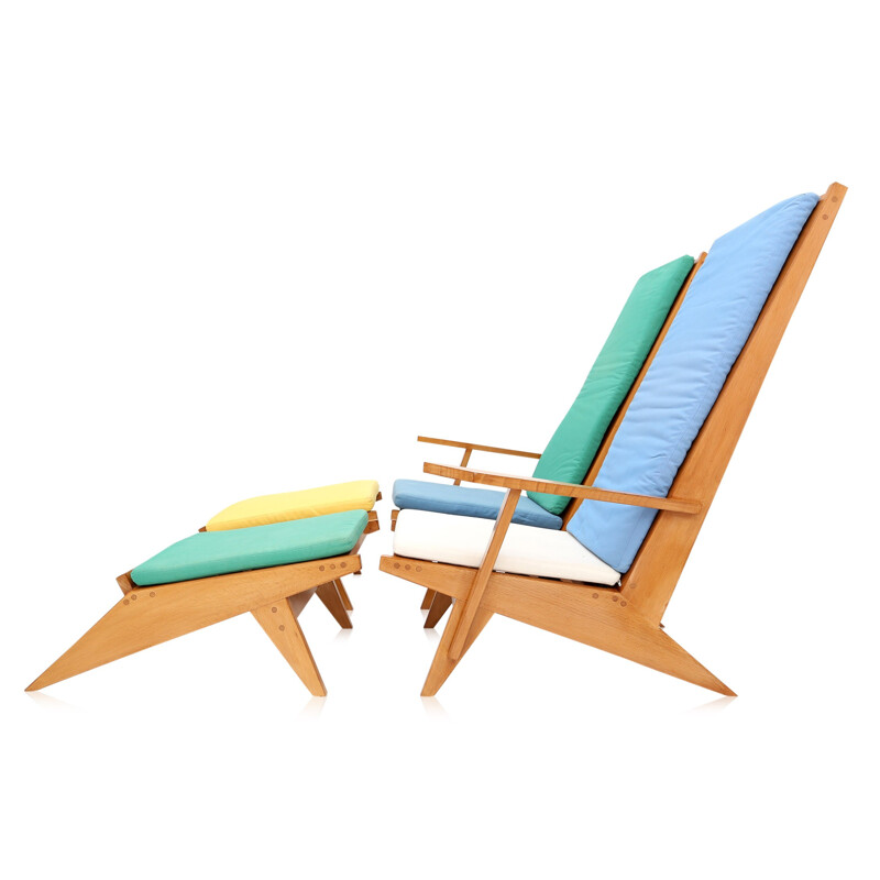 Pair of two swimming-pool lounge chairs and two ottomans in beech - 1970s