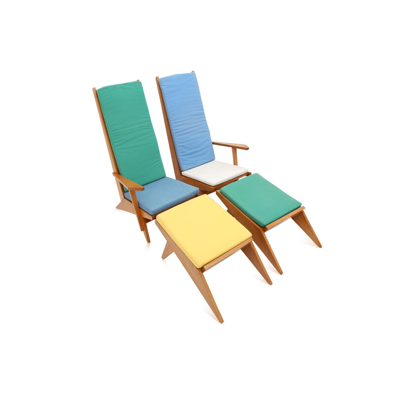 Pair of two swimming-pool lounge chairs and two ottomans in beech - 1970s