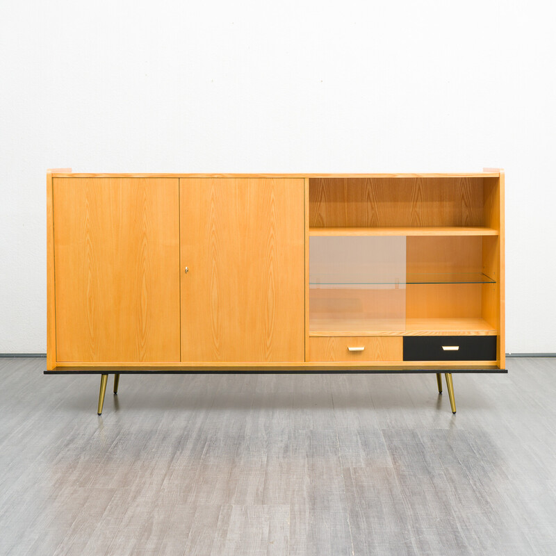 Credenza vintage in olmo e vetro, 1950