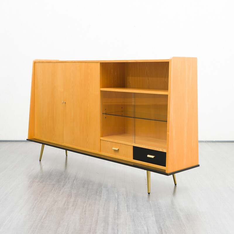 Vintage highboard in elmwood and glass, 1950s