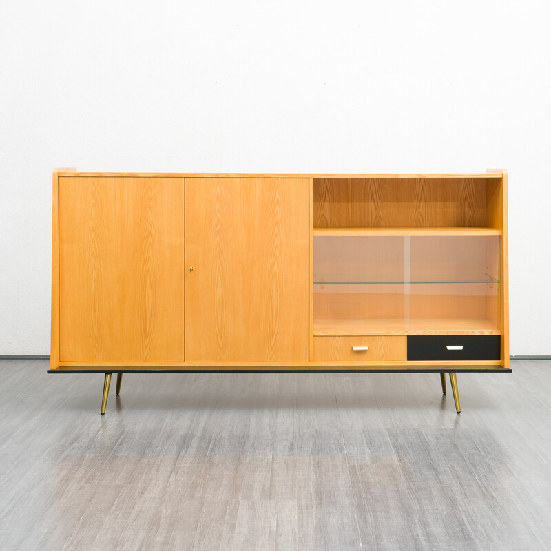 Vintage iepenhouten en glazen dressoir, 1950