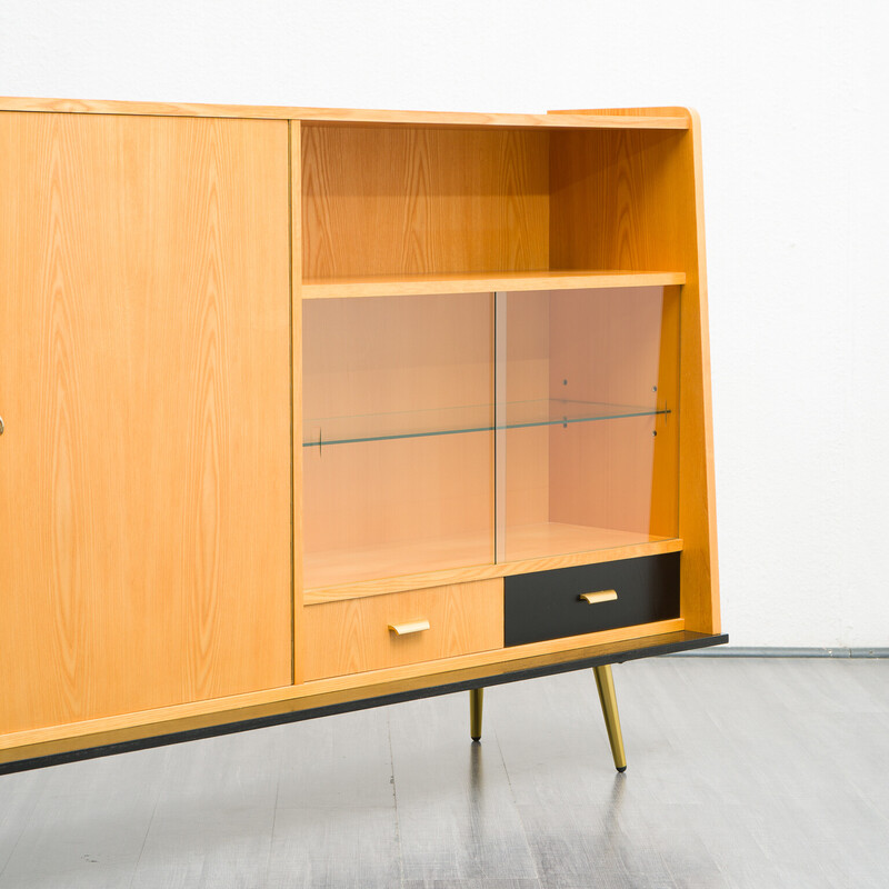 Credenza vintage in olmo e vetro, 1950