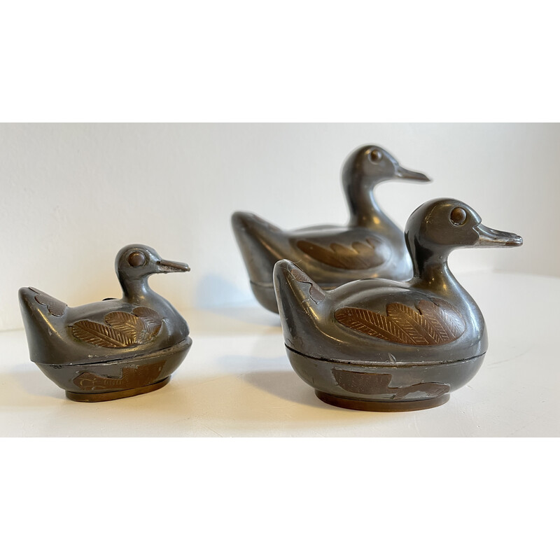 Set of 4 vintage pewter and brass duck boxes, Hong Kong