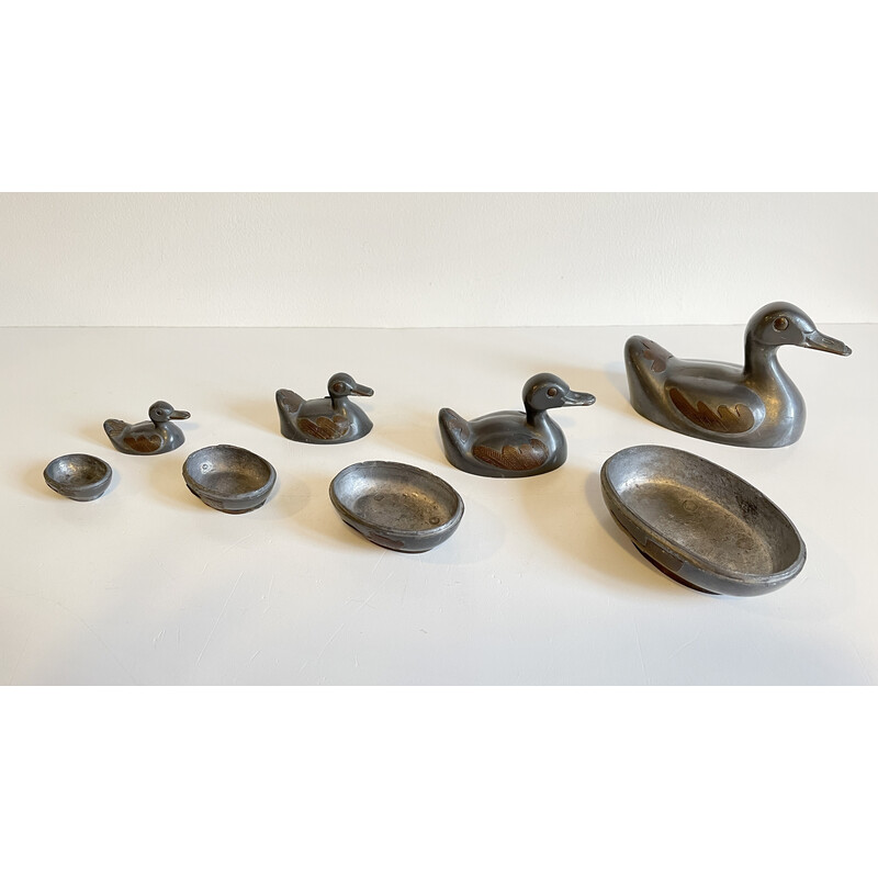 Set of 4 vintage pewter and brass duck boxes, Hong Kong