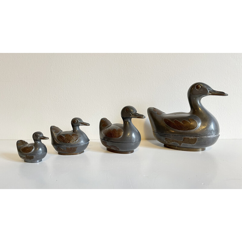 Set of 4 vintage pewter and brass duck boxes, Hong Kong