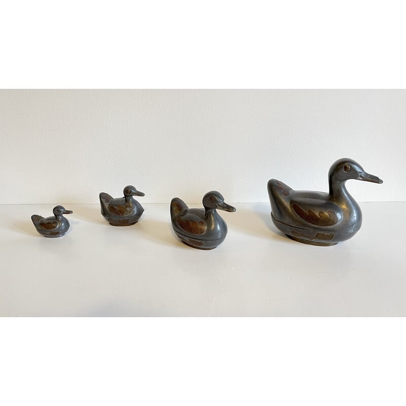Set of 4 vintage pewter and brass duck boxes, Hong Kong