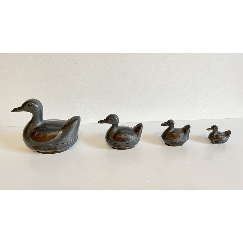 Set of 4 vintage pewter and brass duck boxes, Hong Kong