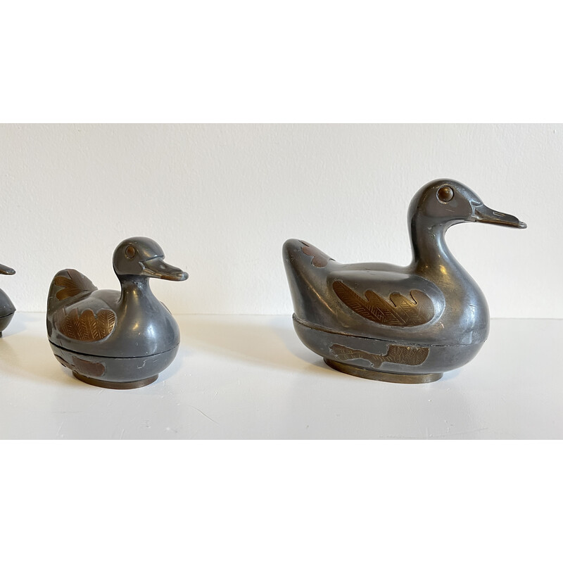 Set of 4 vintage pewter and brass duck boxes, Hong Kong