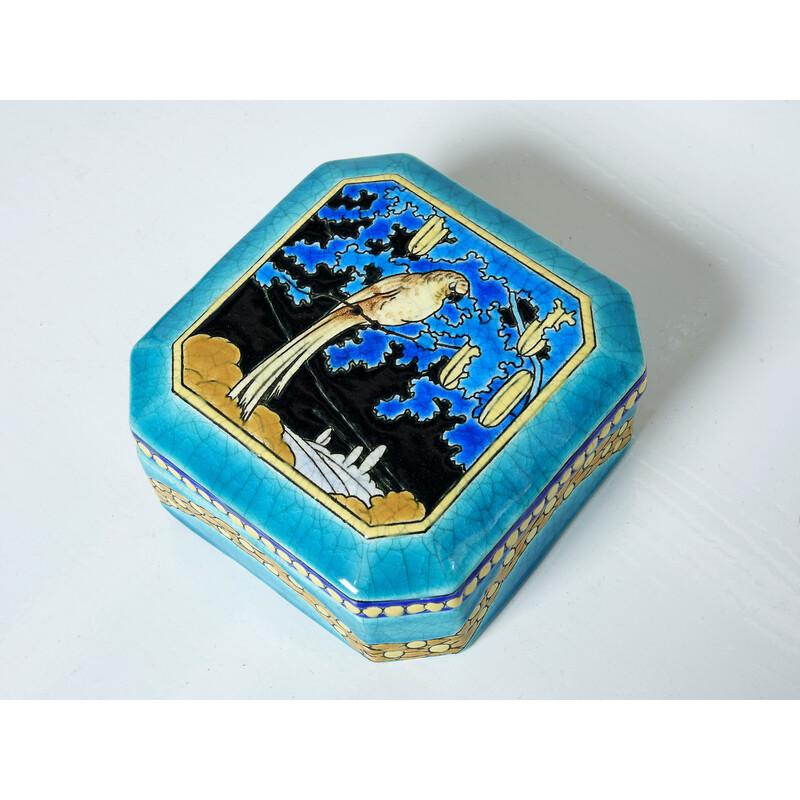 Caja de caramelos de cerámica esmaltada vintage, Francia 1925