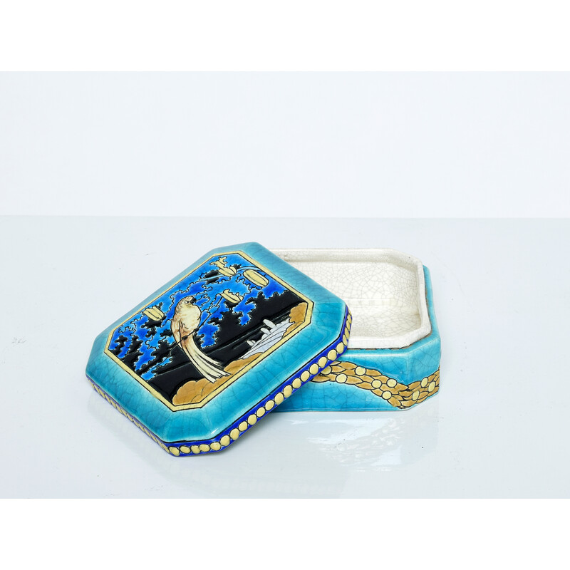 Caja de caramelos de cerámica esmaltada vintage, Francia 1925
